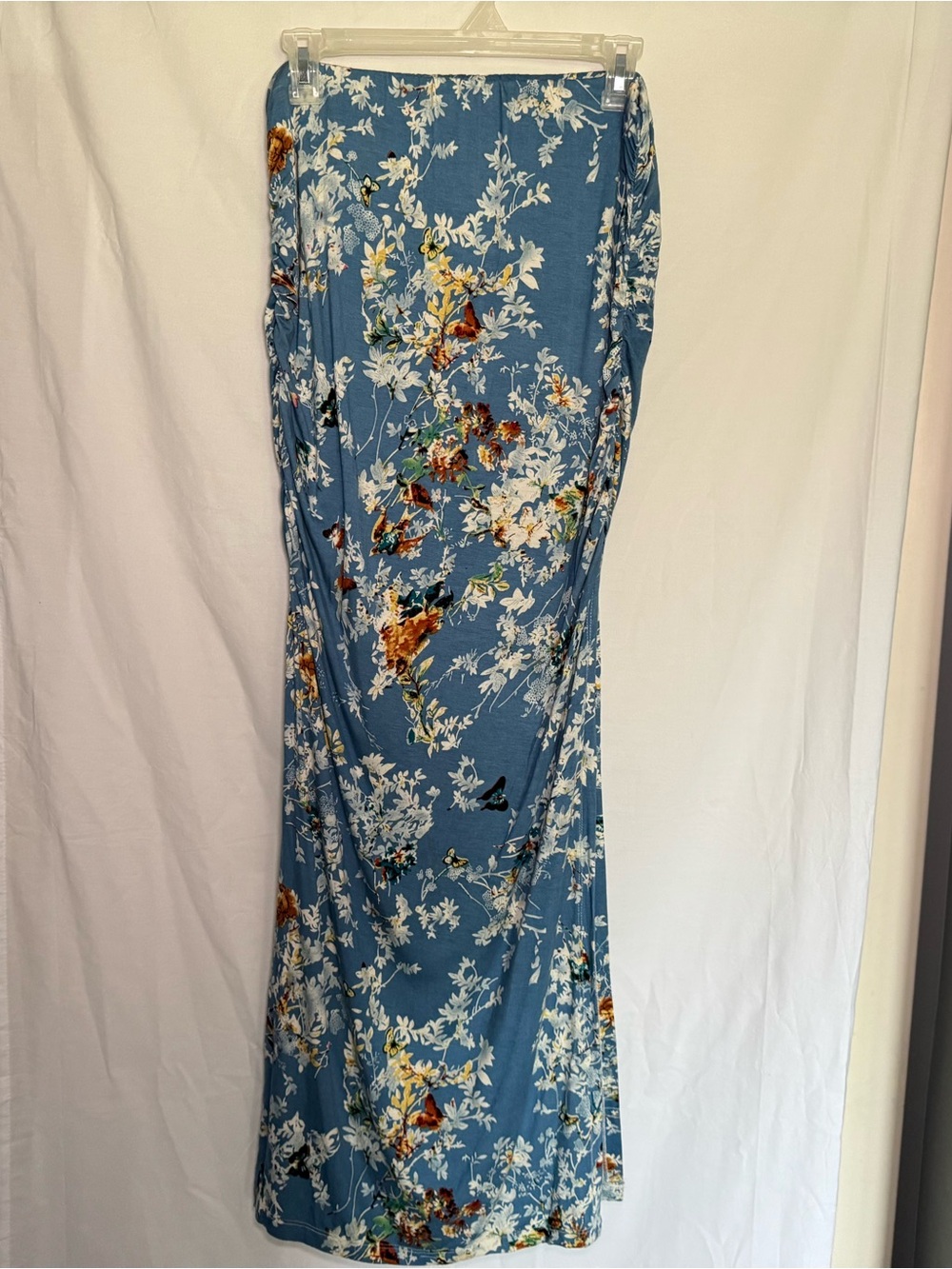 Blue Floral Butterfly Strapless Maxi Dress Ruched Sides with Side Slit-Size L
